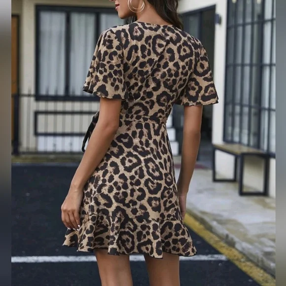 New Chic Animal Print Wrap Dress Mini Ruffle Tie Tan Black - Picture 4 of 8